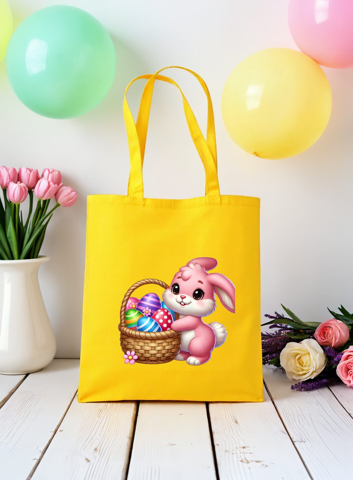 Uskrsna platnena vrećica – Rozi zeko s košaricom pisanica 🐰🧺🎨